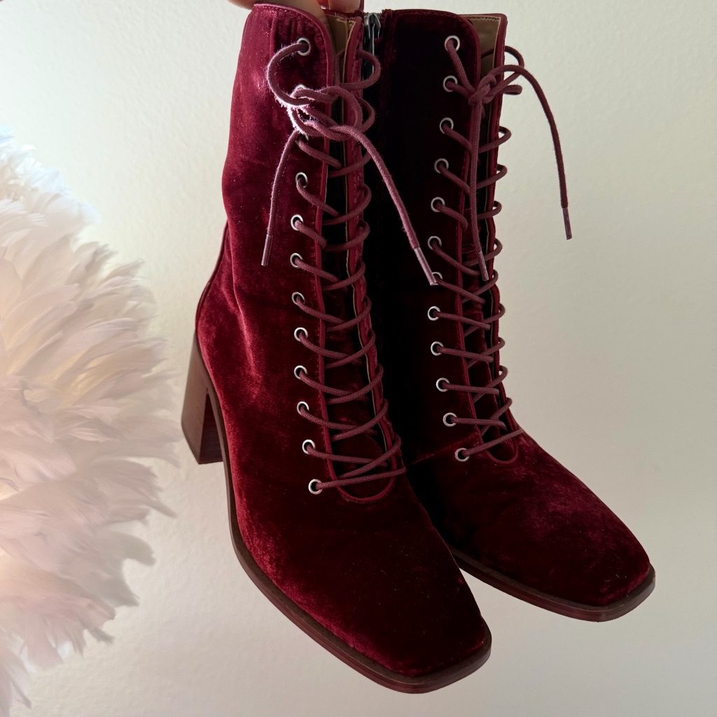 Sam Edelman Westie Brick Velvet Wine Red Chunky Heel Squared Toe Lace Up Boots